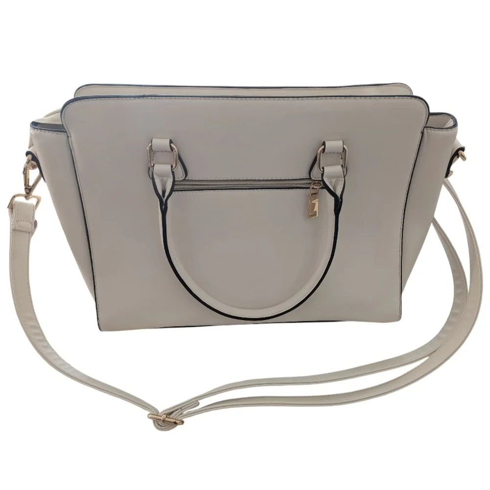 Women's Cream HandBag with Black Trim and Chain Print Linin